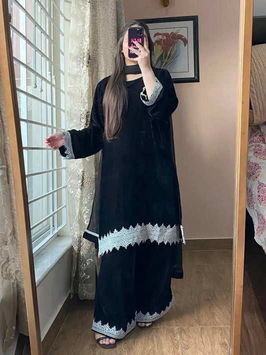 Royal Burgundy Velvet Suit with Intricate Golden Lace Work RAO TRENDZ