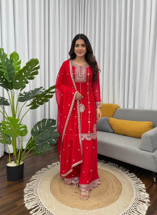 Elegant & Classy: "Vibrant Red Embroidered Georgette Salwar Suit Set with Dupatta"