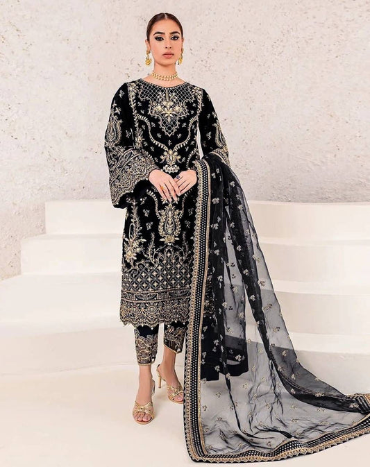 Exquisite Black Velvet Heavy Embroidered Festive Wear Suit with Golden Tilla Work