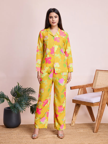 Yellow Floral Digital Print Rayon Slub Cord Set