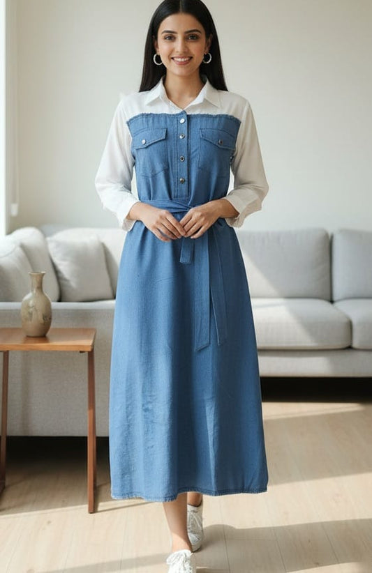 Dual-Tone Shirt Style Denim One-Piece