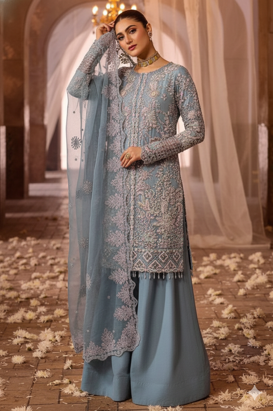 Sky Blue Net Kurta with Silk Sharara