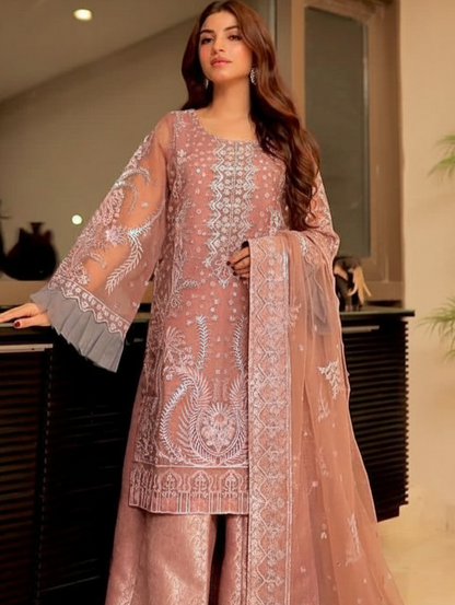 Elegant Mauve Embroidered Net Salwar Kameez Set with Banarasi Palazzo
