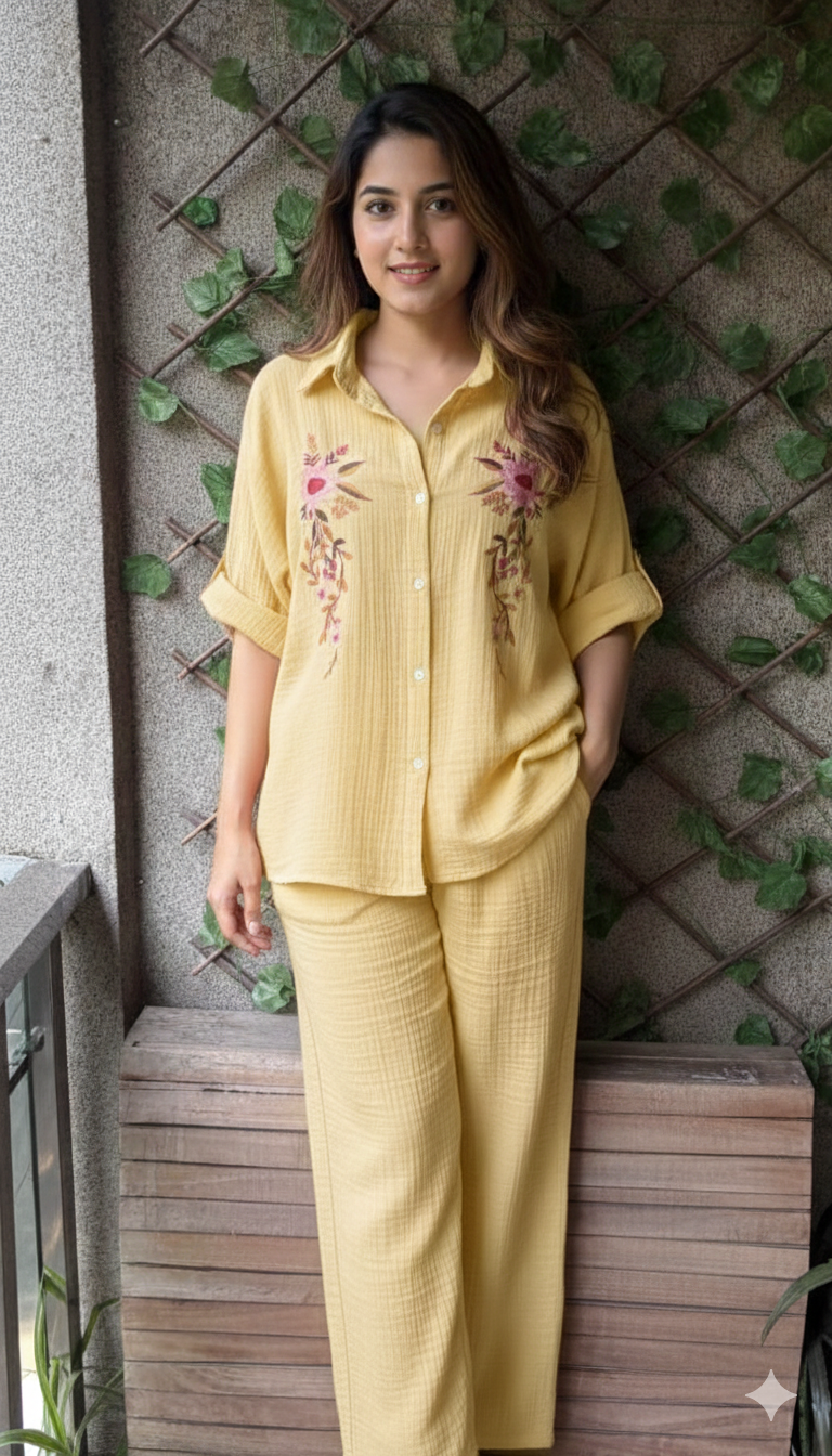 FLOWER EMBROIDERY MUL MUL CORD SETS