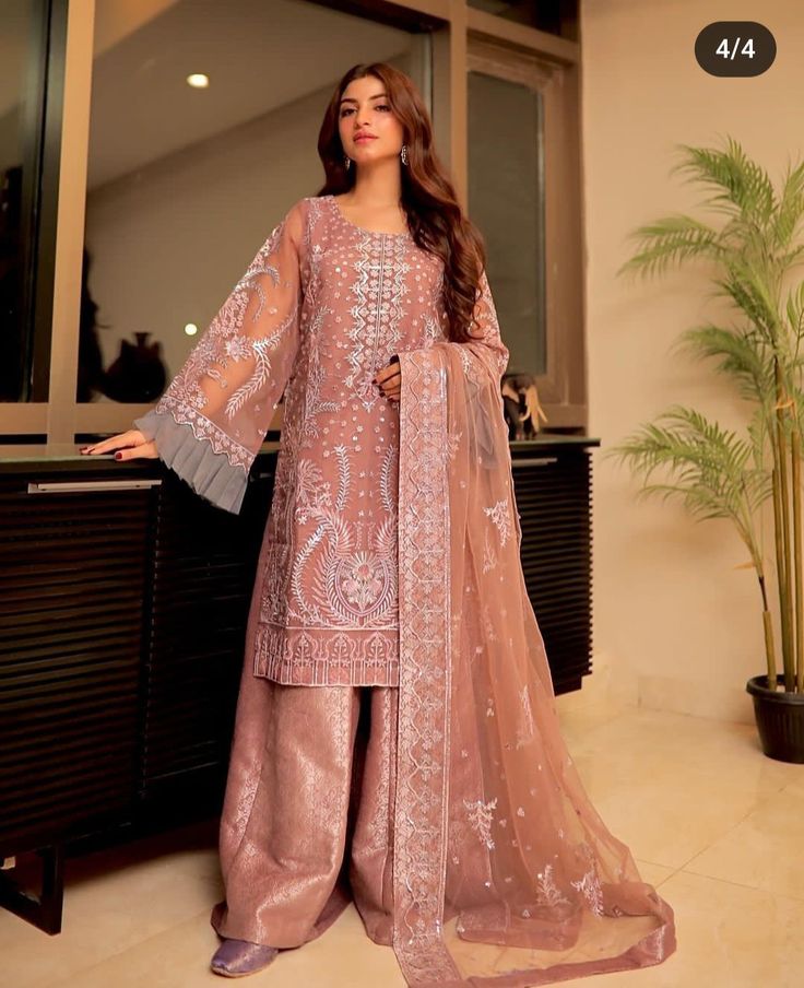 Elegant Mauve Embroidered Net Salwar Kameez Set with Banarasi Palazzo