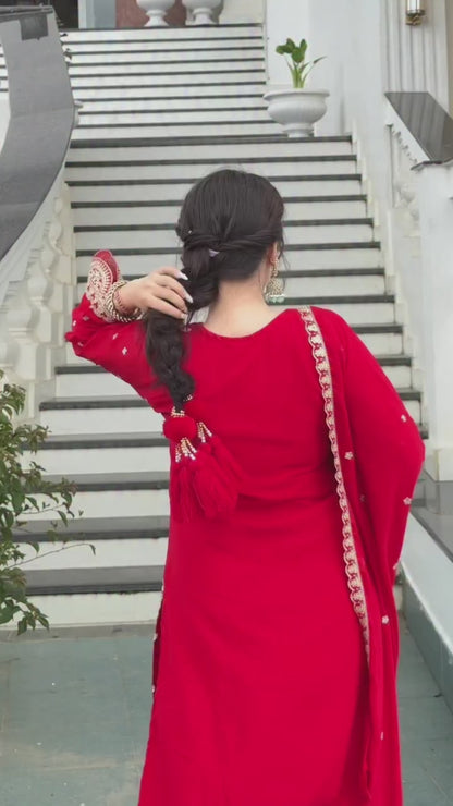 Elegant & Classy: "Vibrant Red Embroidered Georgette Salwar Suit Set with Dupatta"
